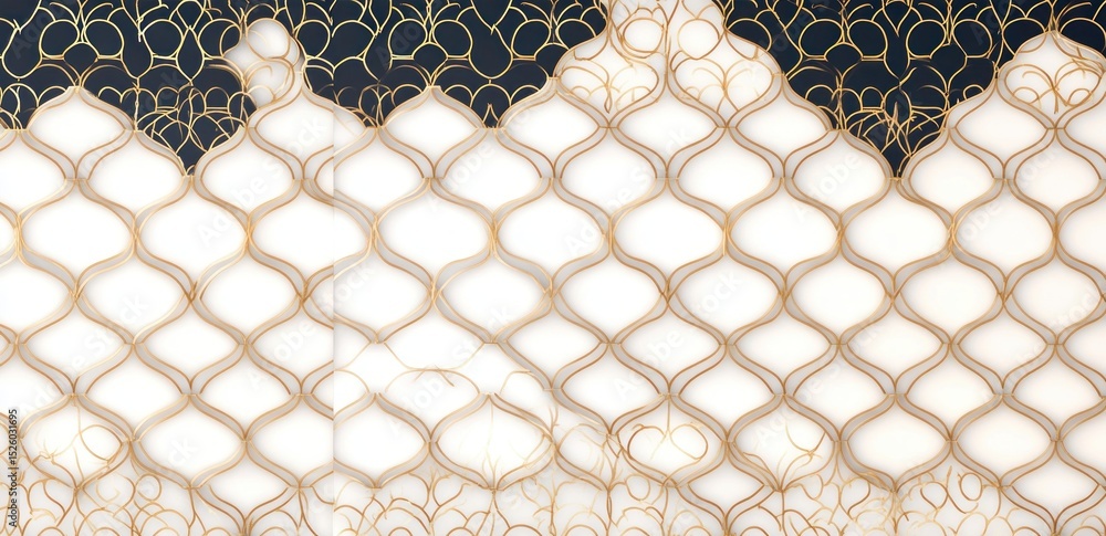 Poster intricate seamless pattern with golden outlined geometric shapes on white and dark backgrounds creat