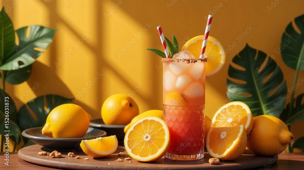 Poster a glass of orange juice with a straw and a few slices of oranges on a table. the oranges are cut in 