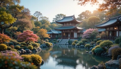 Serene eastern garden with traditional architecture.