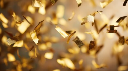 Golden confetti pieces floating in mid-air, creating a festive and celebratory atmosphere with warm, light-filled background. Varied shapes and sizes of confetti, including small rectangles and irregu