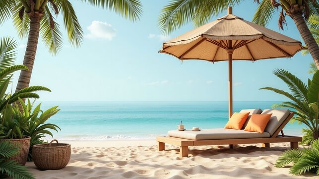 A beach scene with a large umbrella and a beach chair. The umbrella is providing shade for the chair, which is placed on the sand. The beach is calm and peaceful, with the ocean in the background