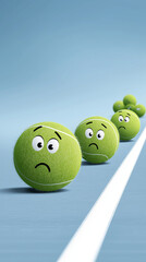 Green tennis balls with expressive faces, showcasing a range of emotions, lined up on a blue background, illustrating feelings of sadness and disappointment in a playful manner