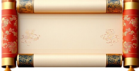 Blank traditional scroll with red and gold decorative ends unrolled on a light background