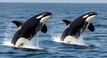 Fototapeta premium Majestic Orcas Breaching in the Pacific Ocean: A Stunning Display of Marine Wildlife