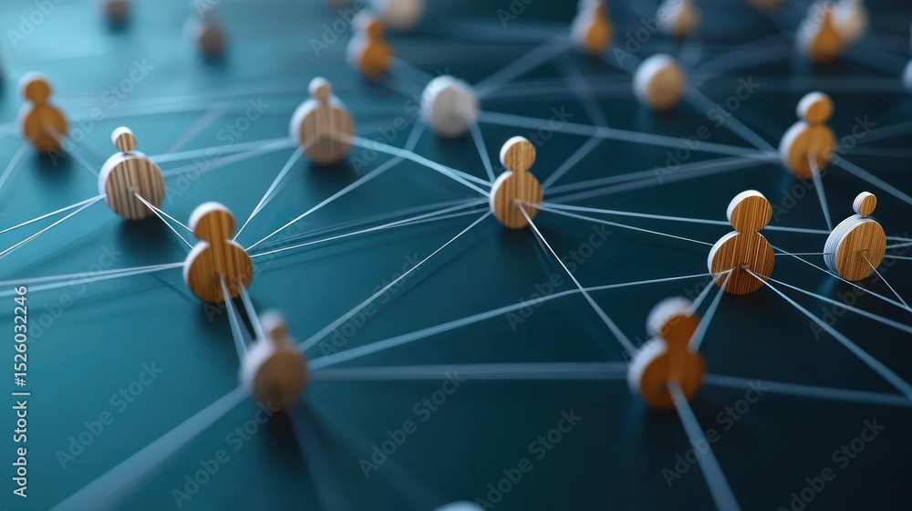 Poster interconnected wooden figures linked by white strings representing social network and communication 