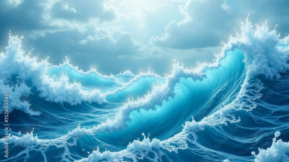 Poster a large wave crashing into the ocean, with the water splashing and spraying into the air. scene is p
