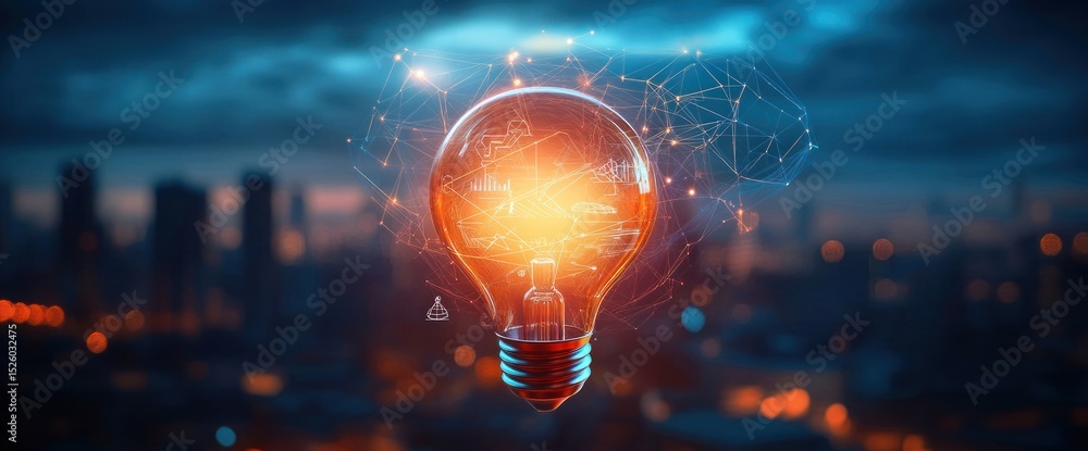 Poster glowing light bulb with digital network connections and charts floating in front of blurred city sky