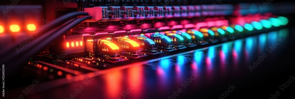 Poster close-up of a network switch panel with multiple connected cables illuminated by vibrant red, orange
