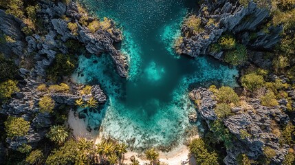 Fototapeta premium Aerial View of Hidden Lagoon and Limestone Cliffs