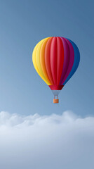 Fototapeta premium Colorful hot air balloon soaring high above fluffy clouds in a clear blue sky, creating a serene and uplifting atmosphere for adventure and exploration