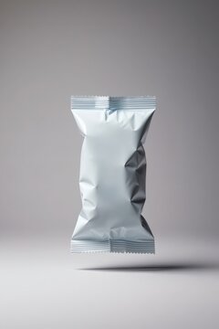 Shiny Silver Package Food Product Isolated On Grey Background