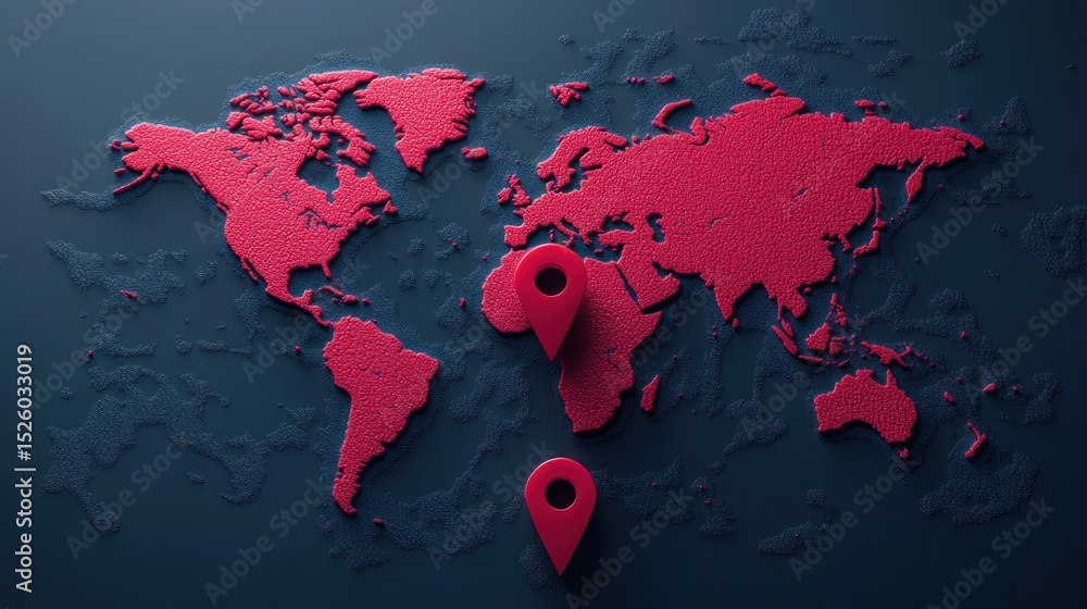 Poster global connectivity: a 3d render of the world map with location pins