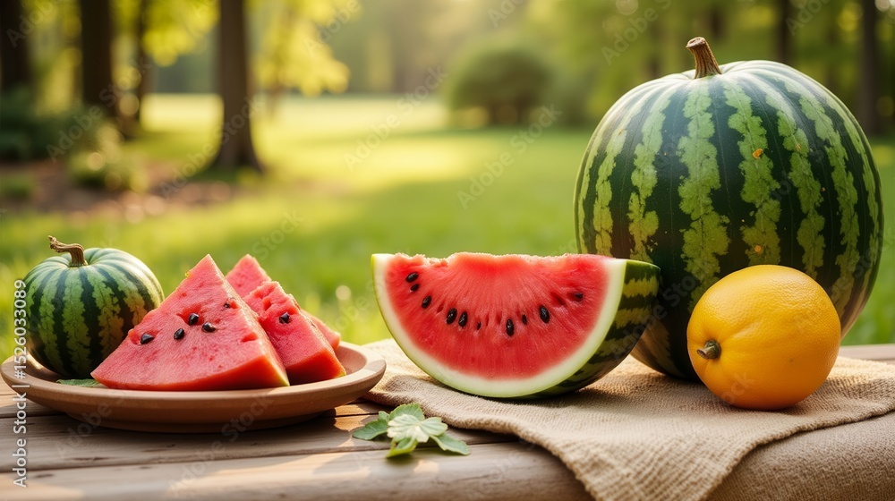 Poster a plate of watermelon and a lemon is on a table. the watermelon is cut into slices and the lemon is 