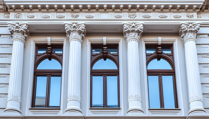Obraz premium Neoclassical Building Facade With Columns and Windows, Representing Architectural Heritage and Real Estate Investment Opportunities