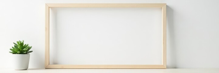 Obraz premium Thin wood frame, small succulent, clean white wall, frame, plant pot, wood