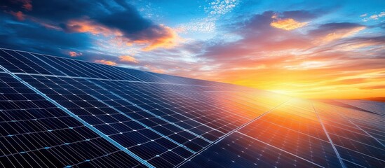 Large solar panel array capturing sunlight under a colorful sunrise sky with scattered clouds