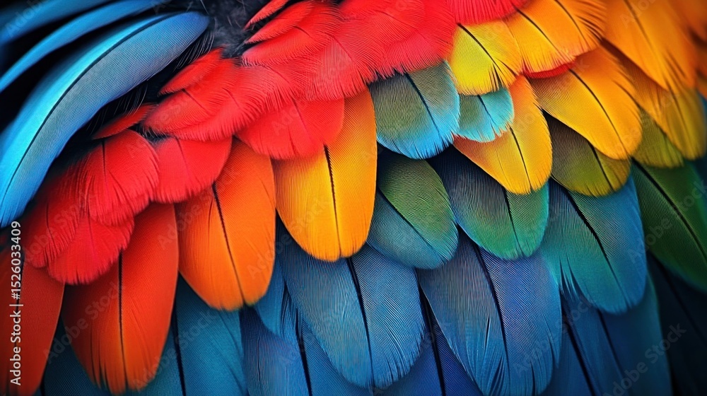 Poster close-up of vibrant bird feathers with a spectrum of colors including red, orange, yellow, blue, and