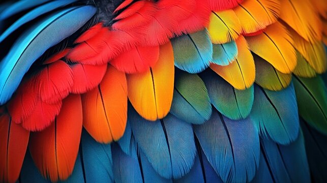 Close-up of vibrant bird feathers with a spectrum of colors including red, orange, yellow, blue, and green, showing intricate patterns and textures