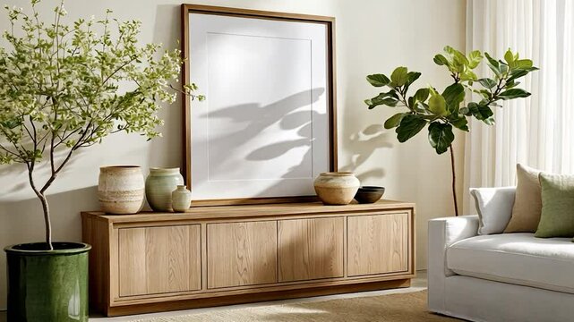 Interior with oak sideboard plants vases and blank frame home decor