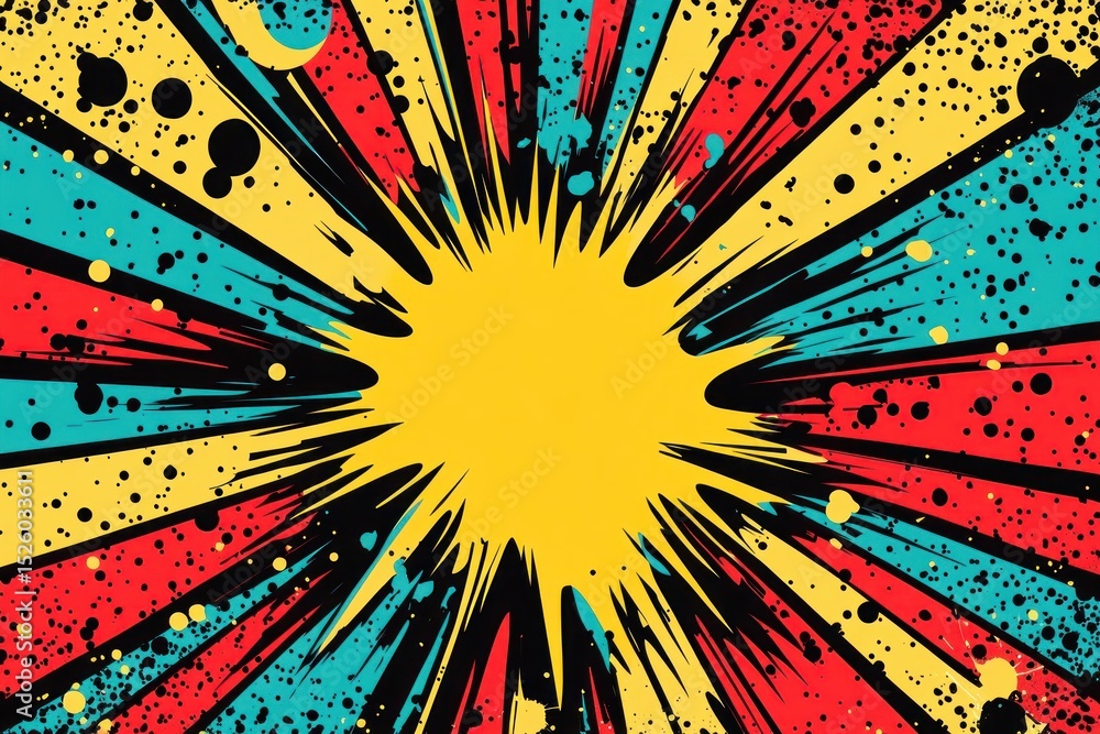 Poster vibrant abstract explosion with colorful radial lines and paint splatters in yellow, red, blue, and 