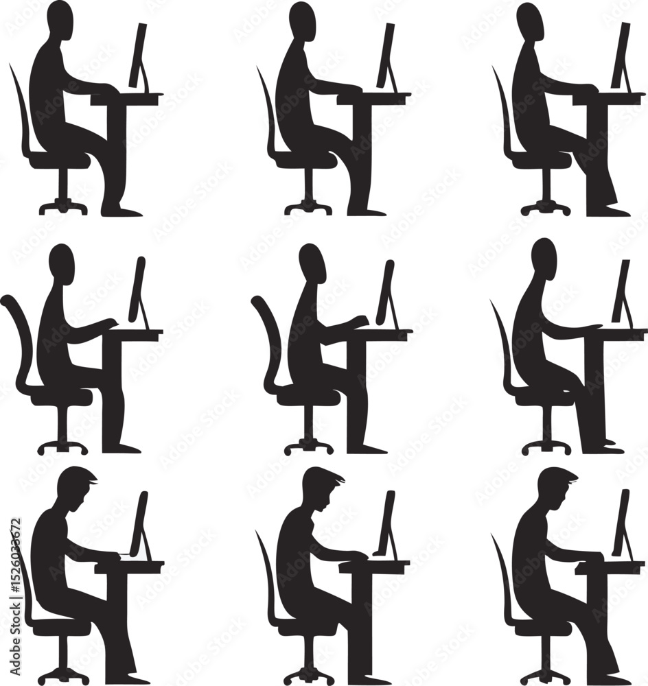 Aufkleber silhouettes of people working on computers in various ergonomic positions representing office tasks 