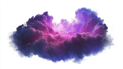 Fototapeta premium Vibrant purple and pink glowing cloud formation with soft edges on a white background, creating a surreal and ethereal atmosphere