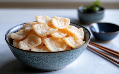 Close-up of a bowl filled with crispy, light golden rice crackers with a textured surface placed on a white table with chopsticks and small bowls in the background