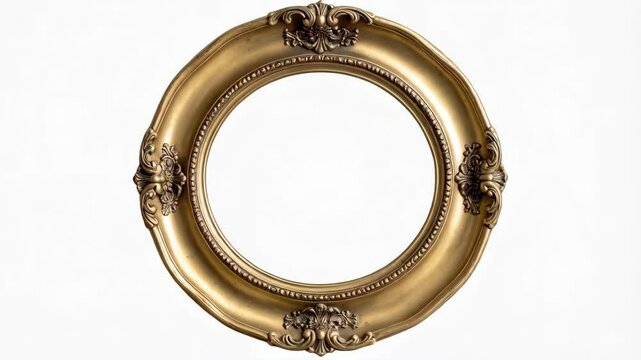 Elegant gold ornate picture frame with empty space, vintage style decoration object isolated on white background, antique circular moulding detail