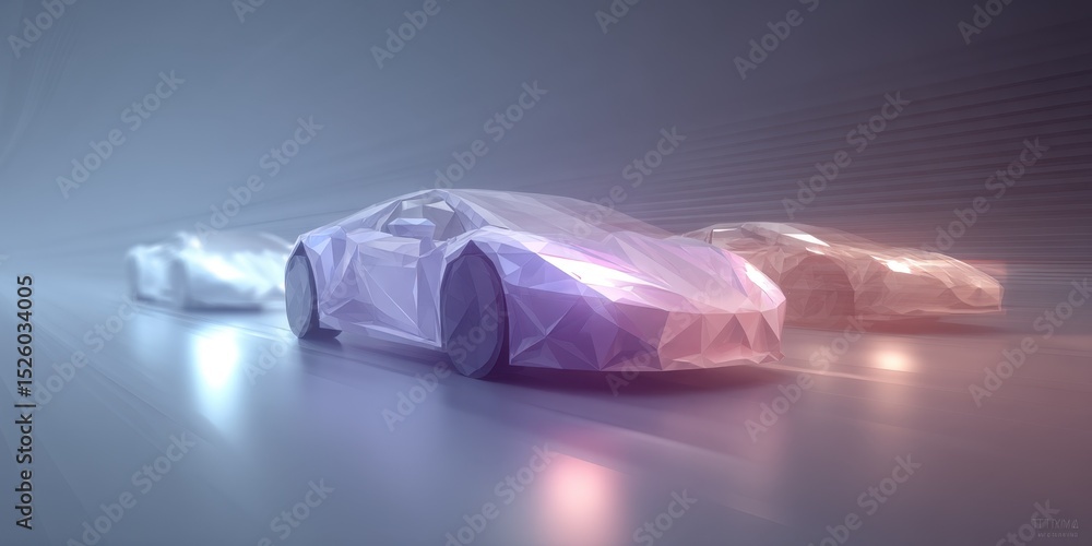 Poster explore a dynamic scene featuring sleek minimalistic low polygon electric cars. this artistic repres
