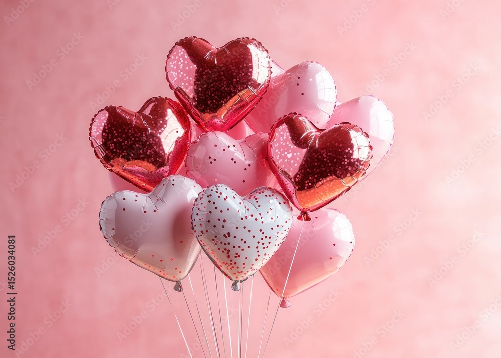 Poster cluster of red and pink heart-shaped balloons with confetti against soft pink background creating a 