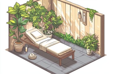 Isometric cartoon of steam massage session in spa room with natural
