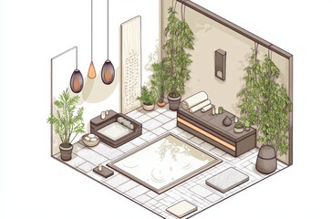 Isometric cartoon of steam massage session in spa room with natural