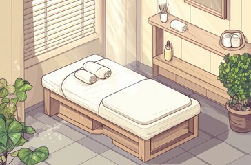 Isometric cartoon of steam massage session in spa room with natural