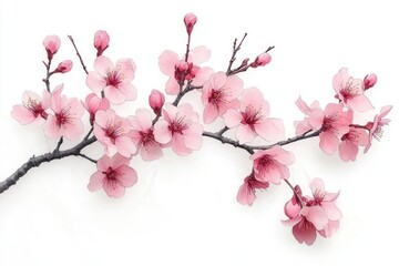 Fototapeta premium Delicate branch of pink cherry blossoms with various stages of blooming against a clean white background evoking freshness and tranquility
