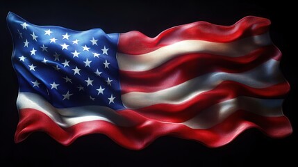 Waving red white and blue flag with stars and stripes on a dark background showing motion and texture