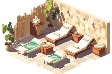 Isometric illustration of a wellness center, massage beds and