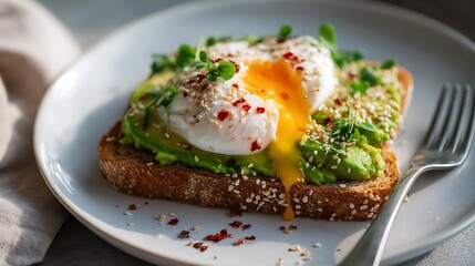 Poached Egg on Avocado Toast with Sesame Seeds and Microgreens