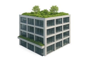 Modern office building featuring a green roof and terraces, promoting sustainable architecture, on a transparent background