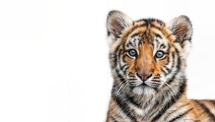 Fototapeta premium Endearing WhiteBackground Portrait of a Playful Baby Tiger, Showcasing Soft Fur Textures and Captivating Eyes in HighResolution.