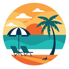 Stylized Beach with Palm Tree, Chairs, Umbrella, Sunset, and Gentle Waves