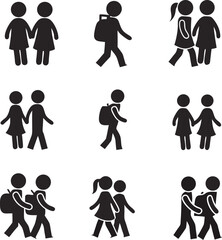 Vector illustration of black and white stick figures depicting people walking carrying backpacks and holding hands in various arrangements