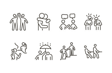 Empathy and friendship icon set. Thin line editable stroke icons for connection, emotional support, teamwork, communication, relationships, trust, and social interaction