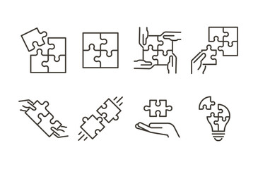 Puzzle and teamwork icon set. Thin line editable stroke icons for solution finding, collaboration, integration, ideas, innovation, strategy, and shared goals