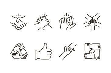 Handshake unity icon set. Thin line editable stroke icons for collaboration, support, agreement, teamwork, empathy, solidarity, and mutual help and partnership