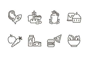 Food nutrition icon set. Thin line editable stroke icons for healthy eating, food categories, diet balance, ingredients, meals, fresh produce, and nutrition plans