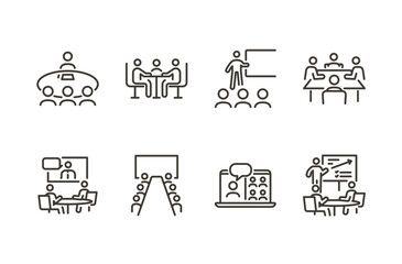 Meeting collaboration icon set. Thin line editable stroke icons for workshops, brainstorming, remote conferencing, team discussions, strategy planning, and business presentations