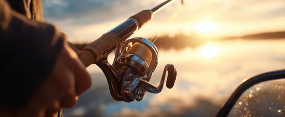 The fisherman with a fishing rod at sunset on a serene lake.