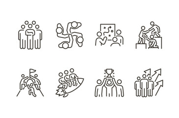 Team success icon set. Thin line editable stroke icons for leadership, collaboration, growth, goal achievement, motivation, coaching, strategy, and group performance, unity and partnership