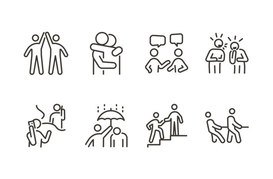 Empathy and friendship icon set. Thin line editable stroke icons for connection, emotional support, teamwork, communication, relationships, trust, and social interaction