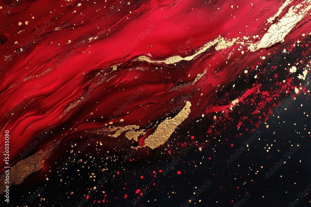 Poster abstract red and gold fluid paint swirling with dynamic flowing textures and scattered golden flecks